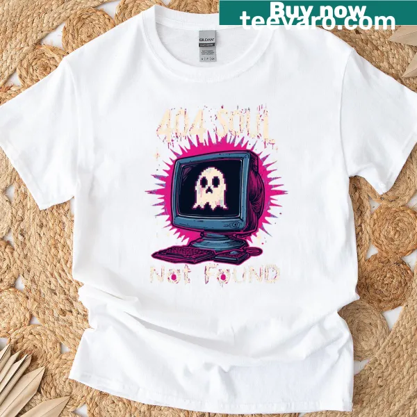 Cartoon ghost T-shirt with '404 Soul Not Found' text in a fun design