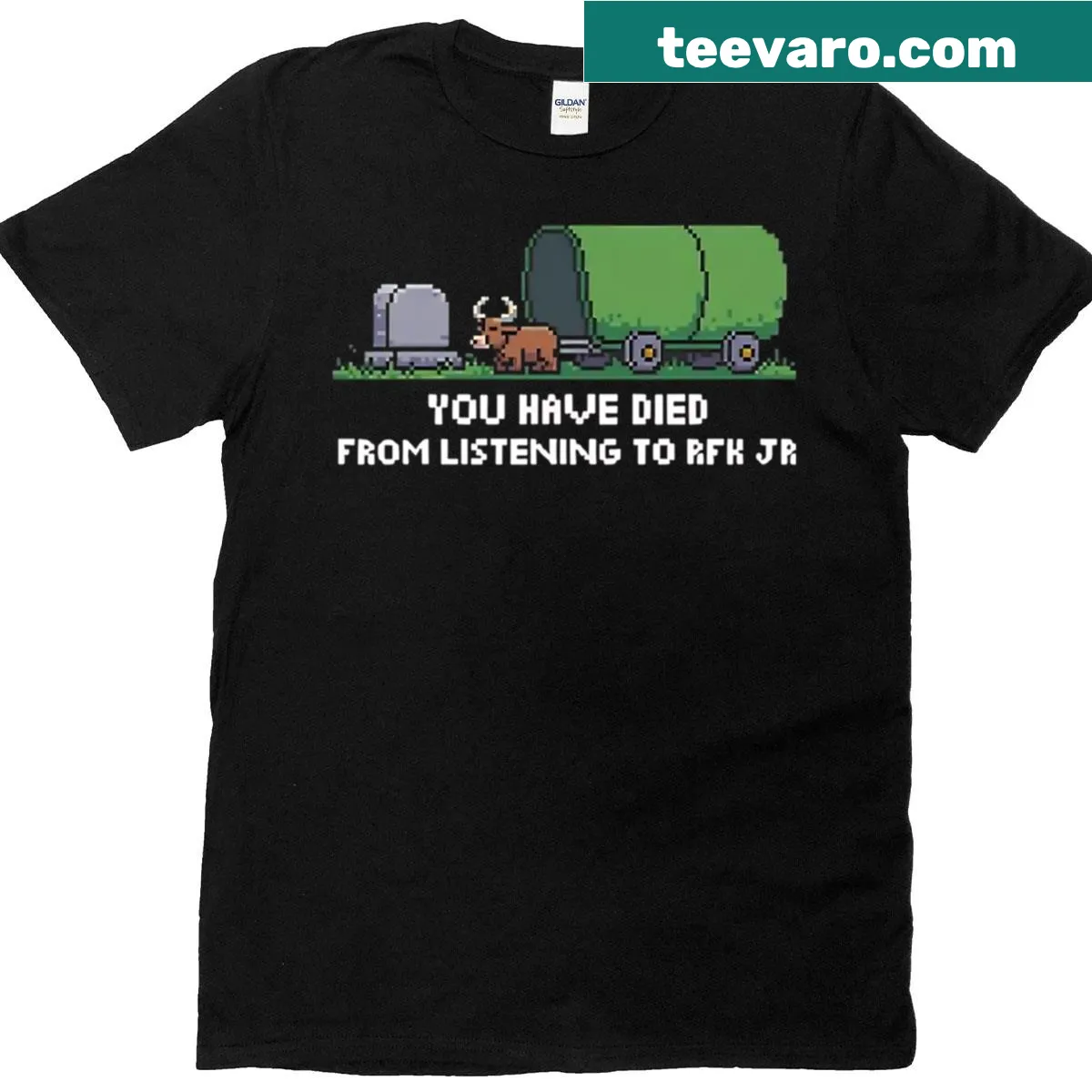 Retro-themed pixel art t-shirt with gaming parody — on a men's t-shirt