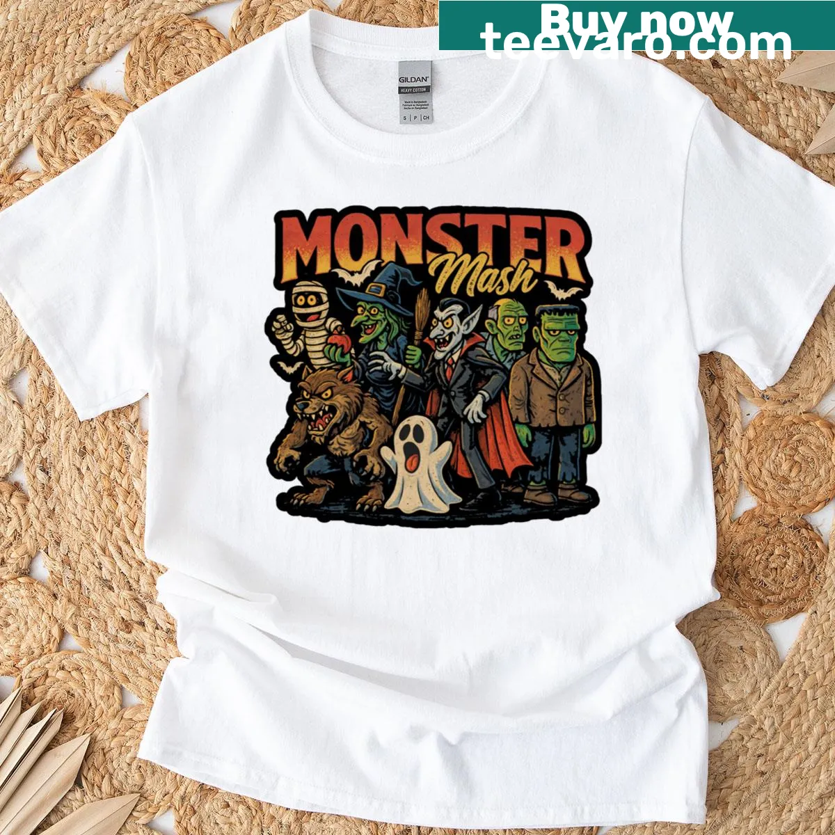 Retro T-shirt with illustrations of classic horror monsters in a fun design — on a men's t-shirt