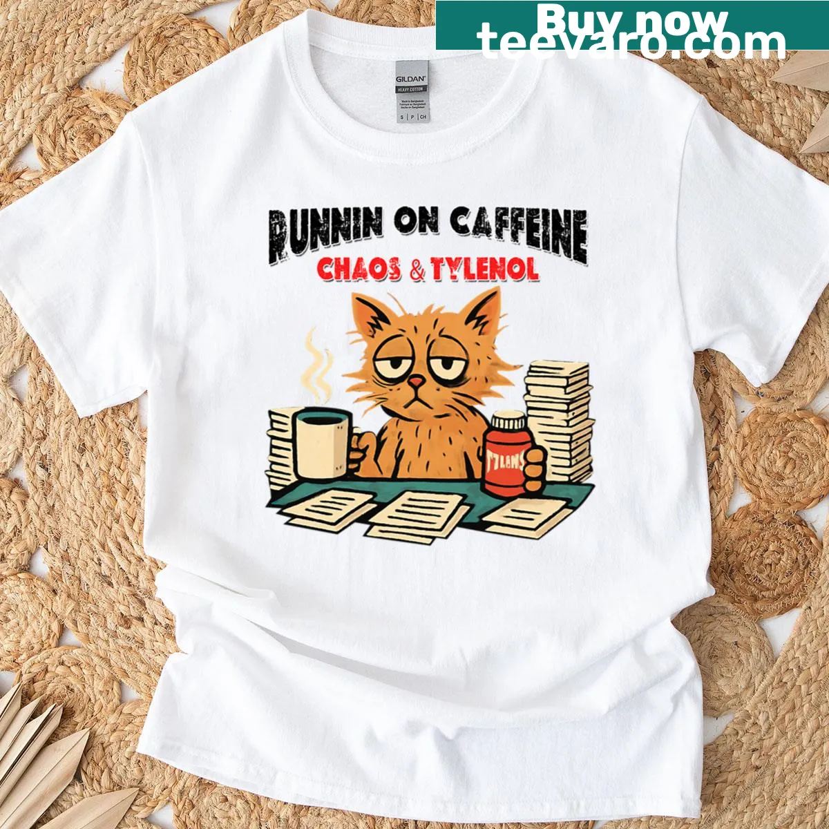 Humorous typography T-shirt with 'Running On Caffeine Chaos And Tylenol' — on a men's t-shirt