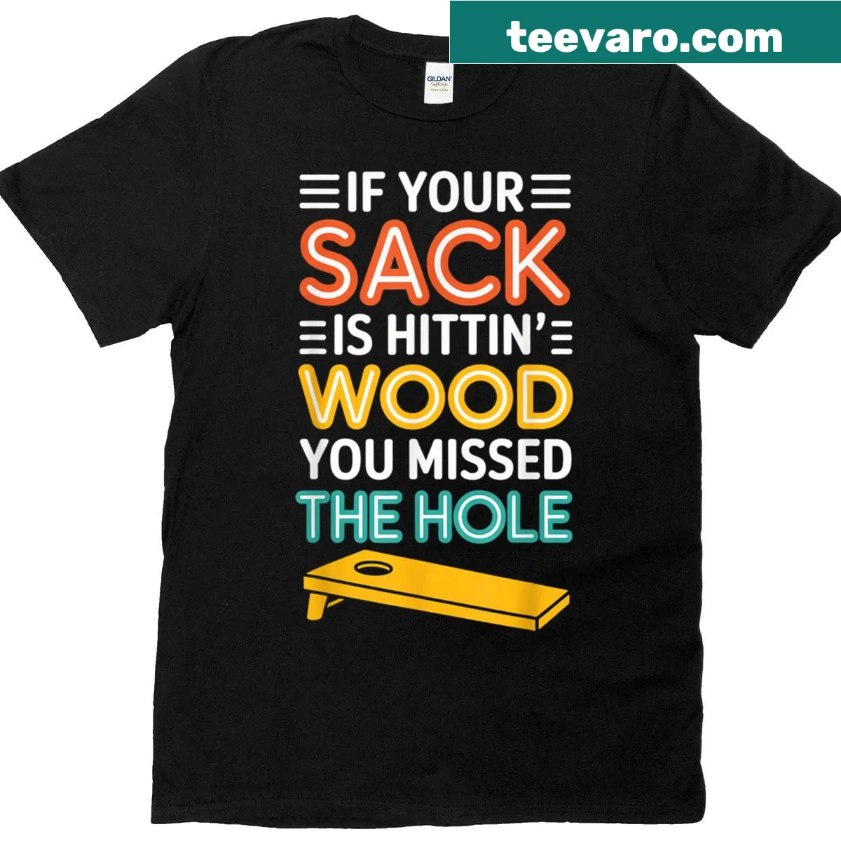 Funny T-shirt for cornhole players with playful text — on a men's t-shirt