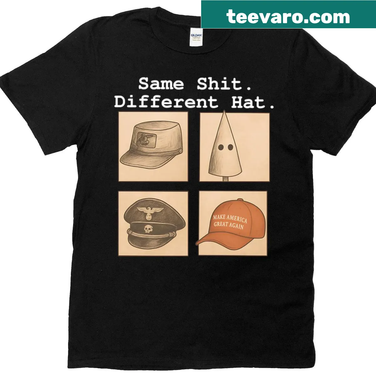 Humorous anti-Trump T-shirt with the phrase Same Shit Different Hat — on a men's t-shirt