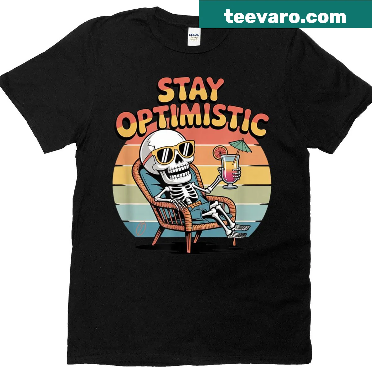 Optimistic skeleton graphic with sarcasm for Halloween on a t-shirt — on a men's t-shirt
