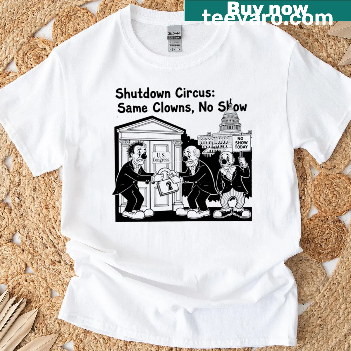 Satirical circus-themed illustration regarding US Congress shutdown — on a men's t-shirt
