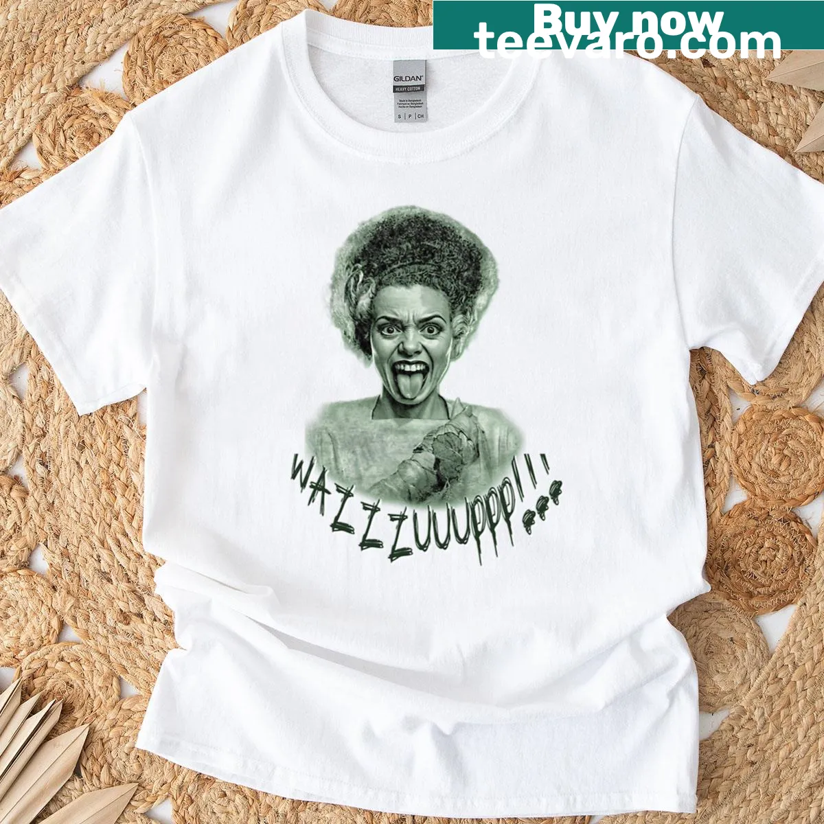 Vintage design t-shirt featuring Bride of Frankenstein — on a men's t-shirt