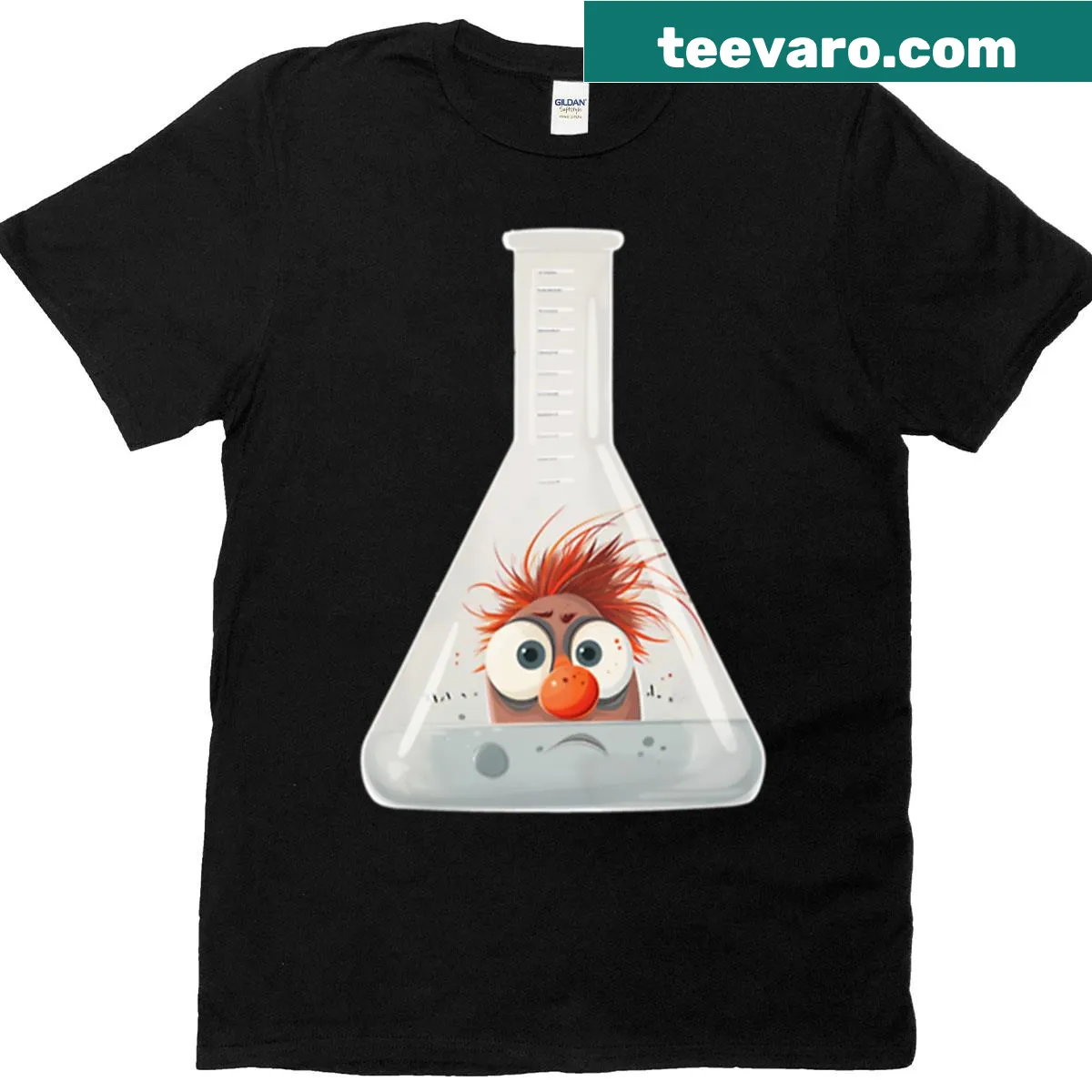 Oversized T-shirt featuring a quirky scientist inside a flask design. — on a men's t-shirt