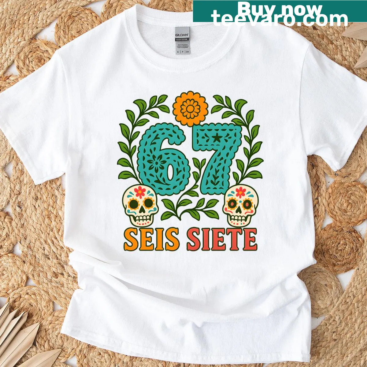 Kids' T-shirt with a colorful sugar skull design and the text 'Seis Siete' — on a men's t-shirt