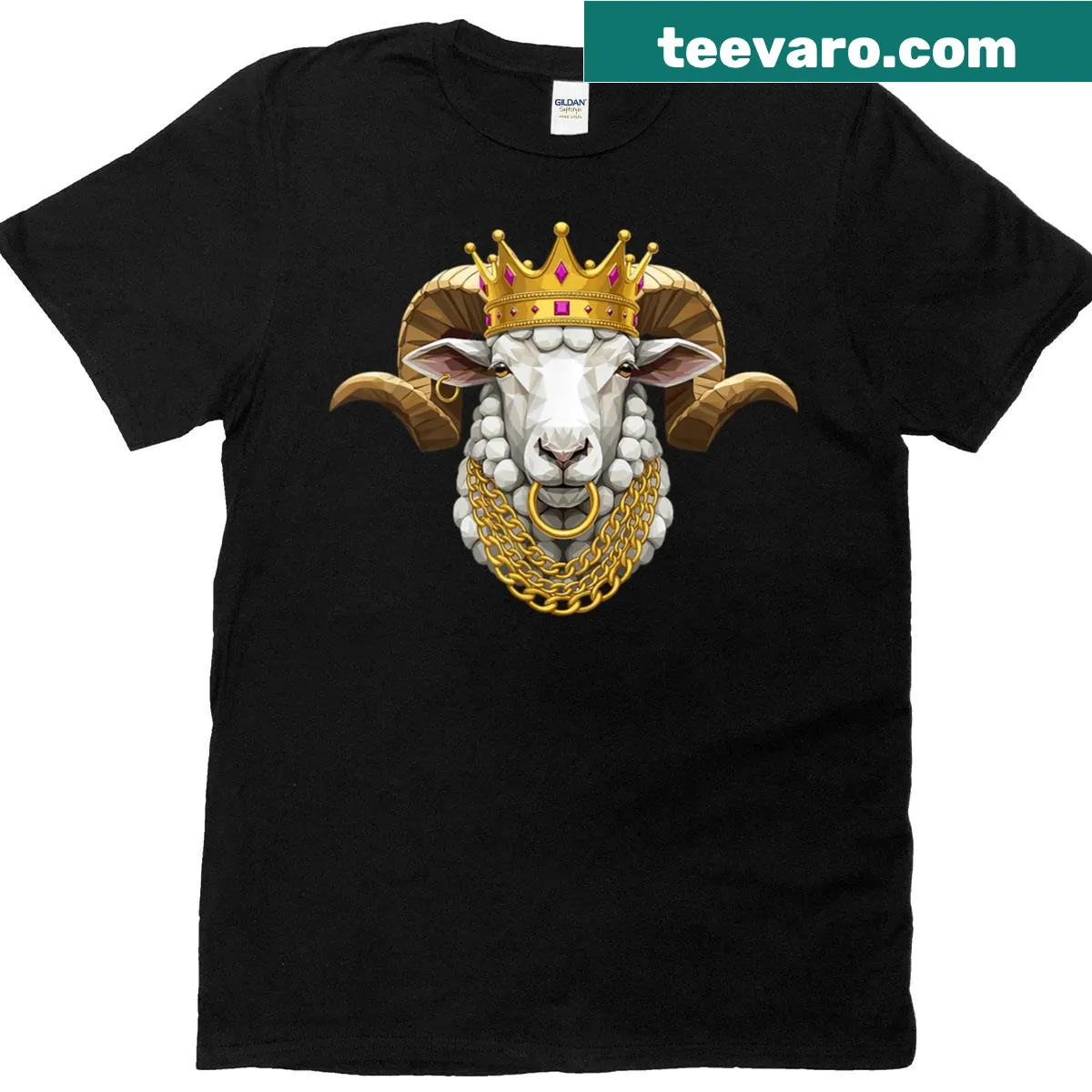 Sheep with a golden crown graphic on a gangster-themed t-shirt — on a men's t-shirt