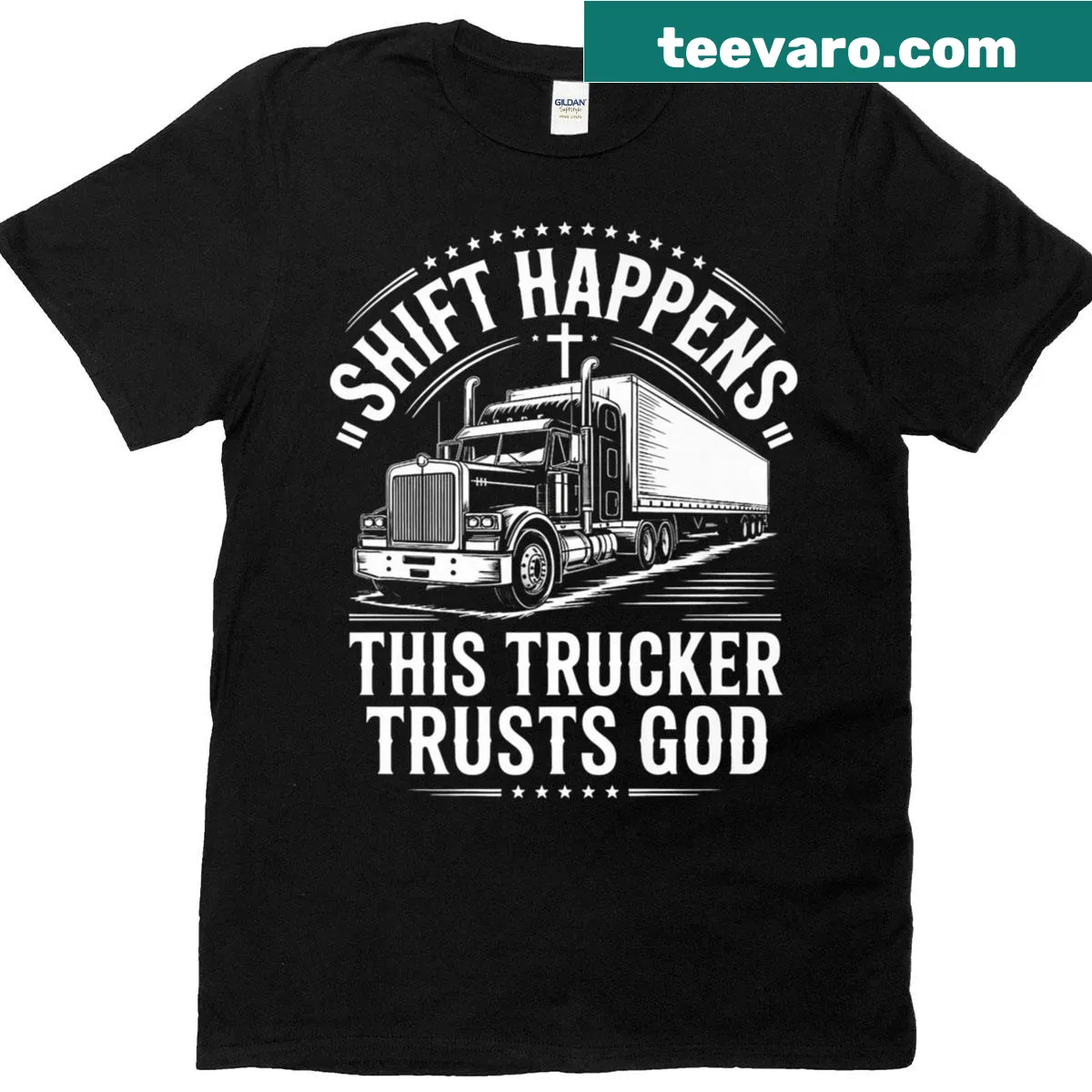 Badge-style T-shirt for truckers featuring the message Trusts God. — on a men's t-shirt