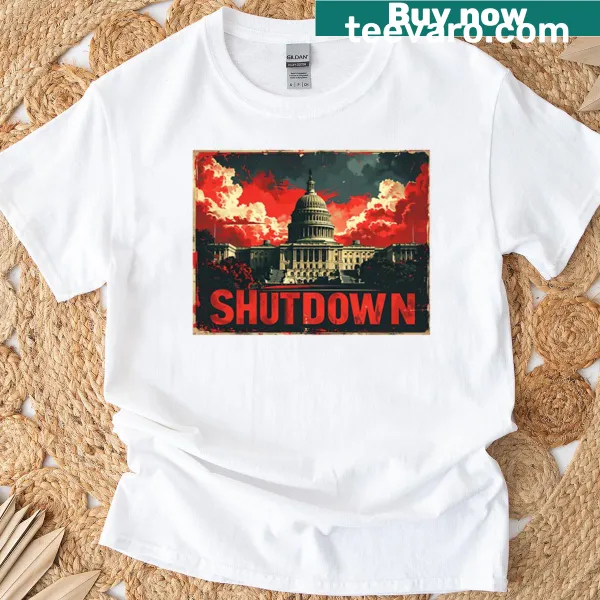 Vintage propaganda art T-shirt featuring 'Shutdown 2025' text in bold design