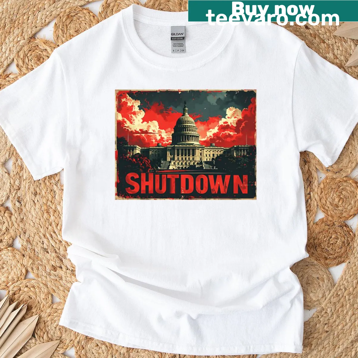 Vintage propaganda art T-shirt featuring 'Shutdown 2025' text in bold design — on a men's t-shirt