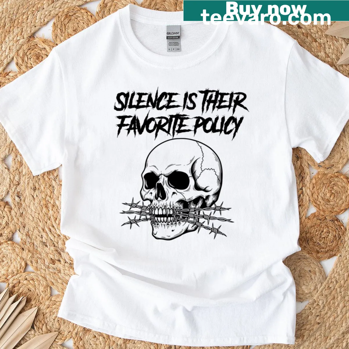 Skeleton art T-shirt with the phrase about silence — on a men's t-shirt