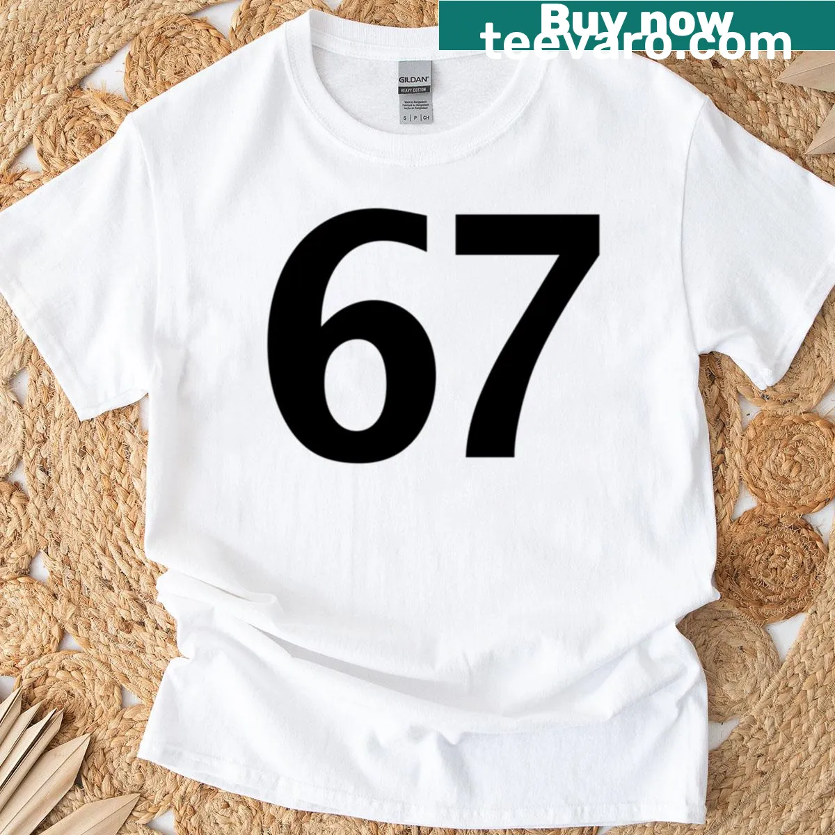 Minimalist T-shirt with the numbers 6 and 7 displayed in an artistic arrangement — on a men's t-shirt