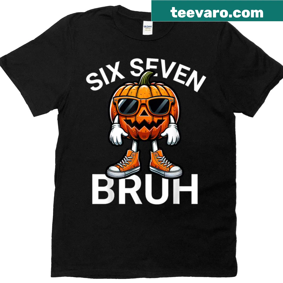 Funny Halloween t-shirt featuring a cool pumpkin with sunglasses — on a men's t-shirt