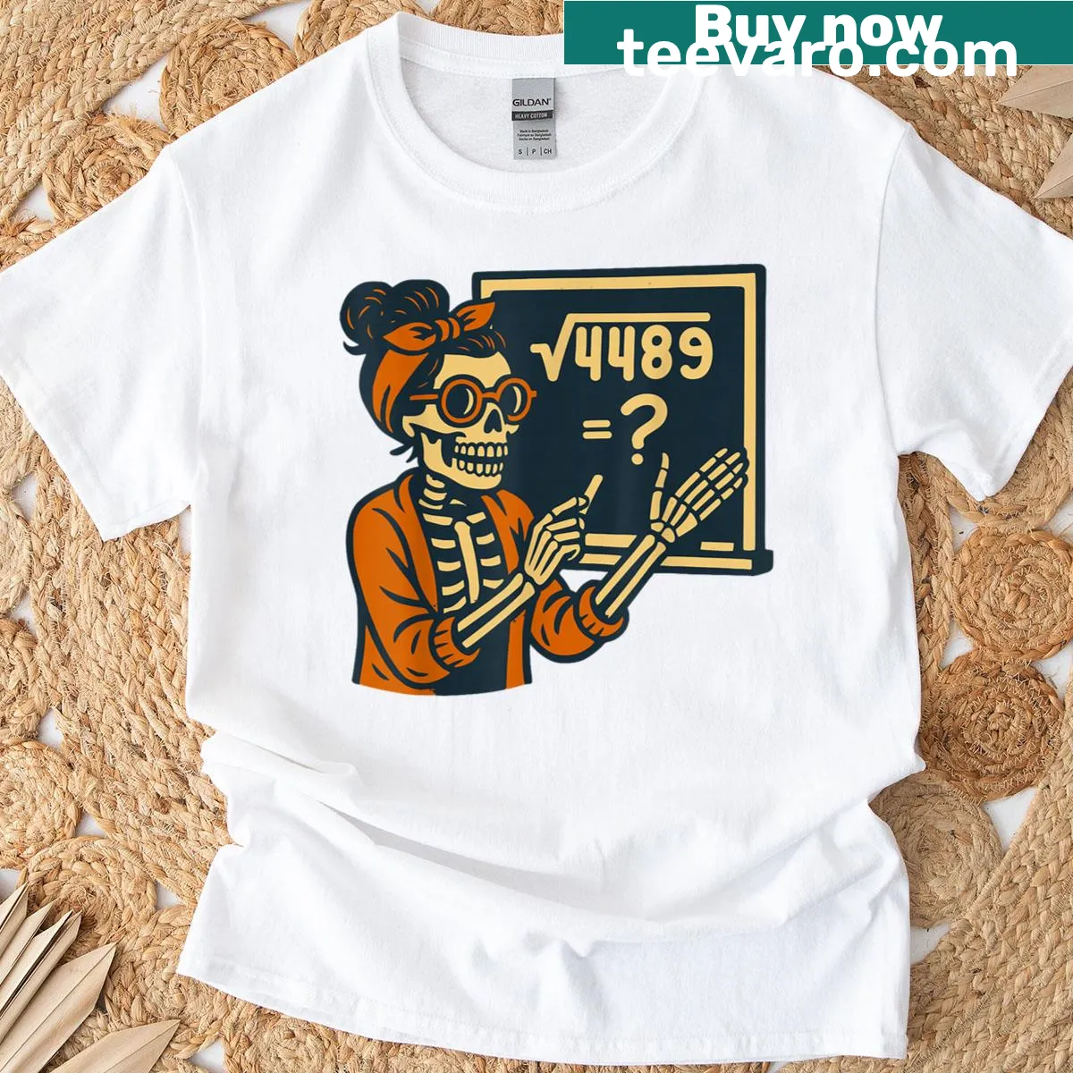 Cartoon skeleton math teacher T-shirt with humorous math references — on a men's t-shirt