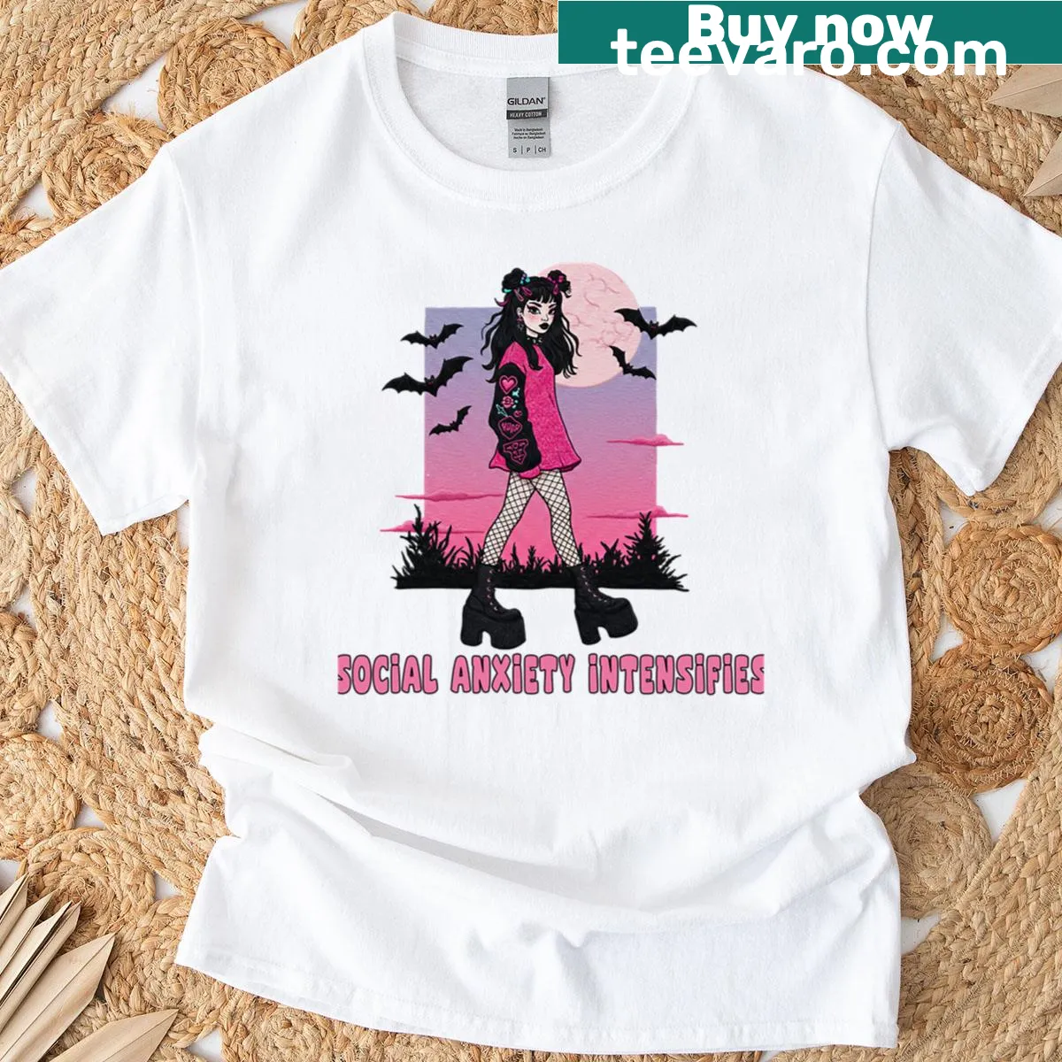 Cartoon goth girl expressing social anxiety on a t-shirt — on a men's t-shirt
