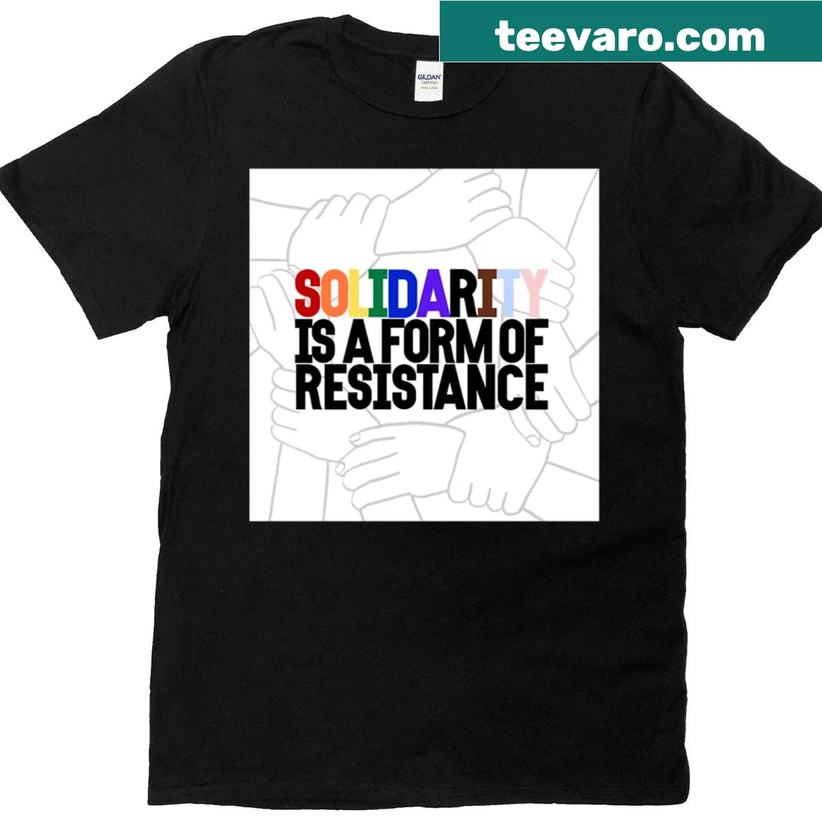 T-shirt featuring the phrase 'Solidarity Is A Form Of Resistance' with a rainbow design — on a men's t-shirt