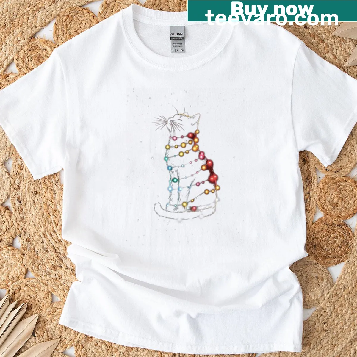 Cartoon cat floating in space depicted on a t-shirt — on a men's t-shirt