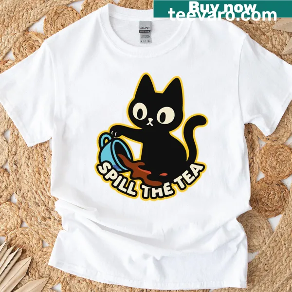 Illustrated cat gossip t-shirt with the phrase 'Spill The Tea'