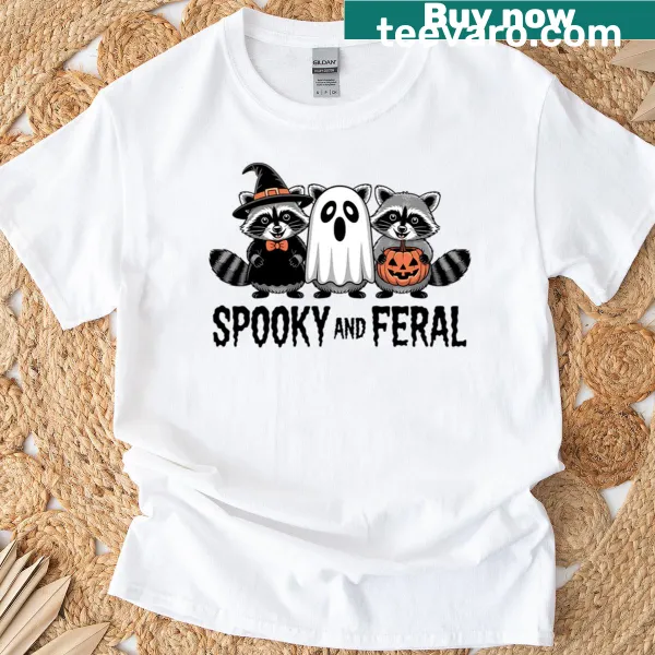 Funny Halloween T-shirt featuring a raccoon and the phrase Spooky And Feral