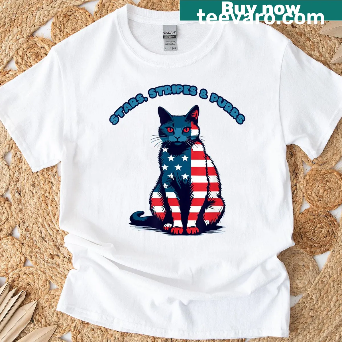 Patriotic cat design t-shirt with stars and stripes — on a men's t-shirt