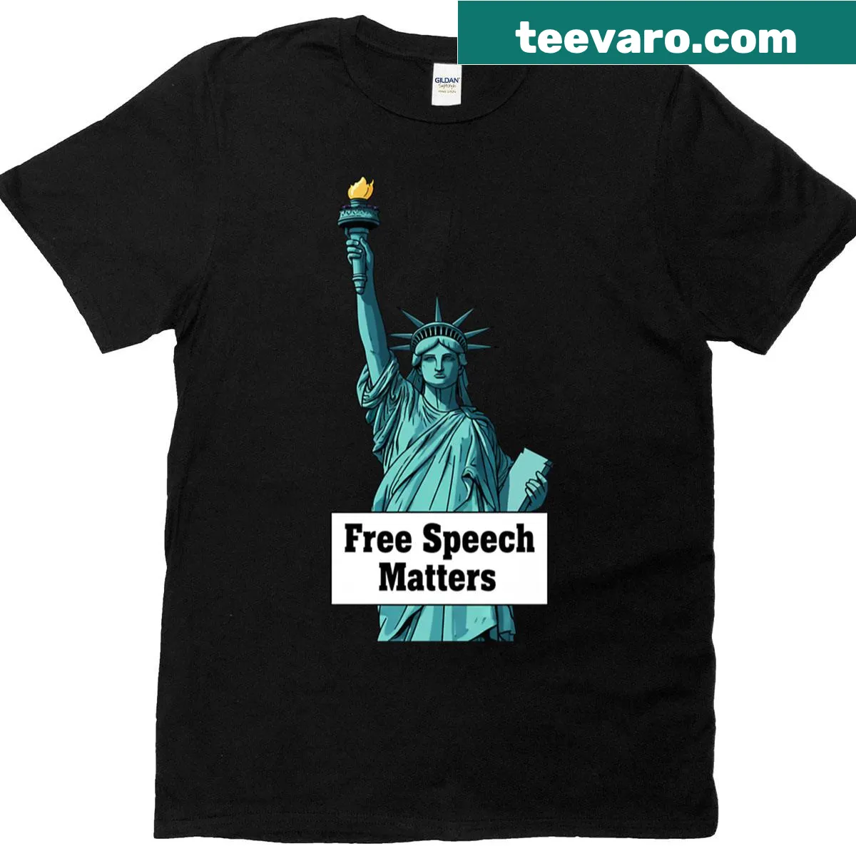 Oversized T-shirt featuring the Statue of Liberty and free speech message. — on a men's t-shirt
