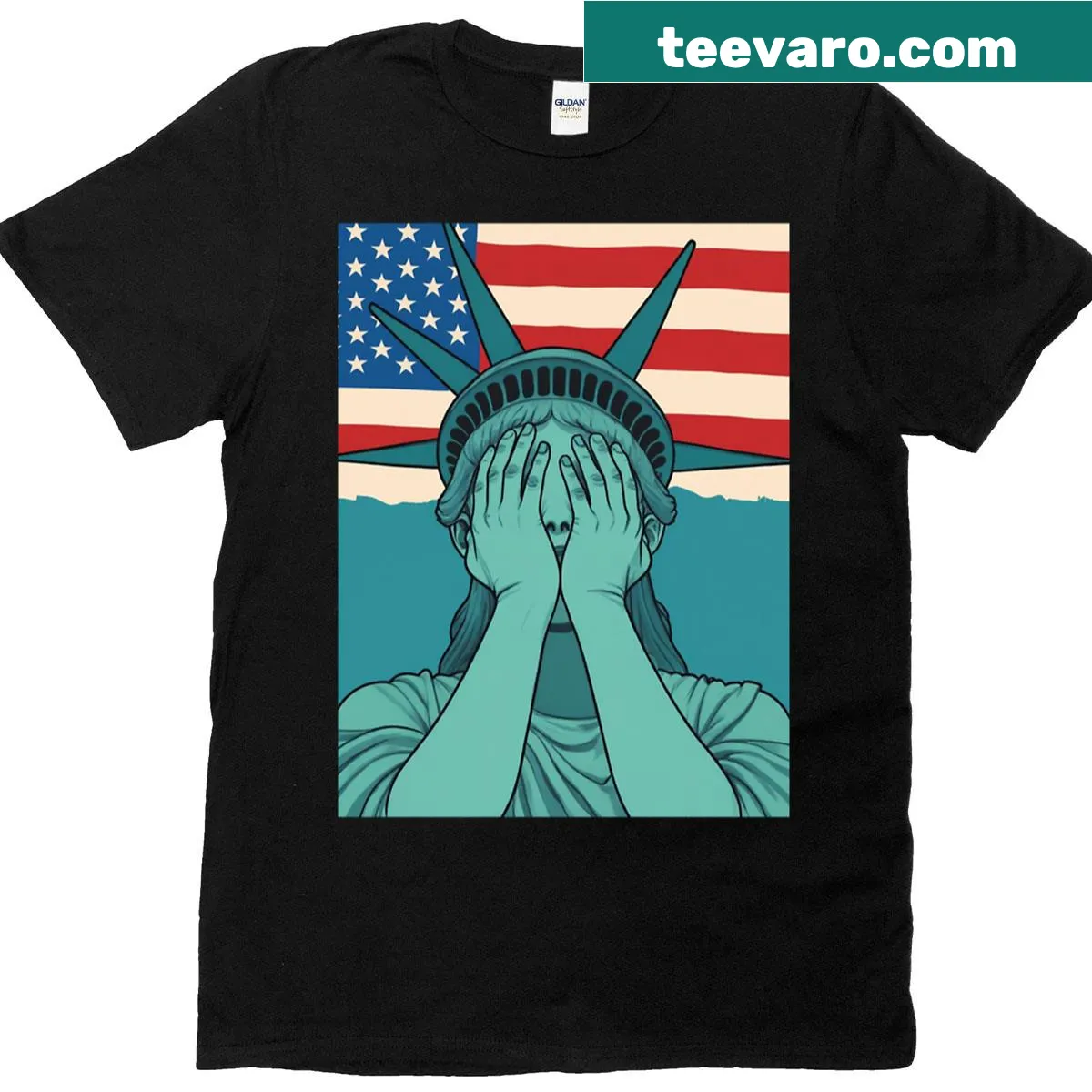 Cartoon t-shirt of a weeping Statue of Liberty — on a men's t-shirt