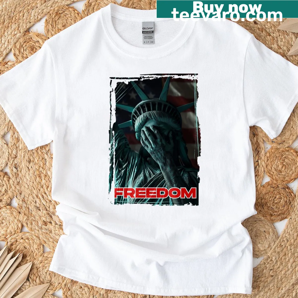 Oversized T-shirt featuring a weeping Statue of Liberty design — on a men's t-shirt