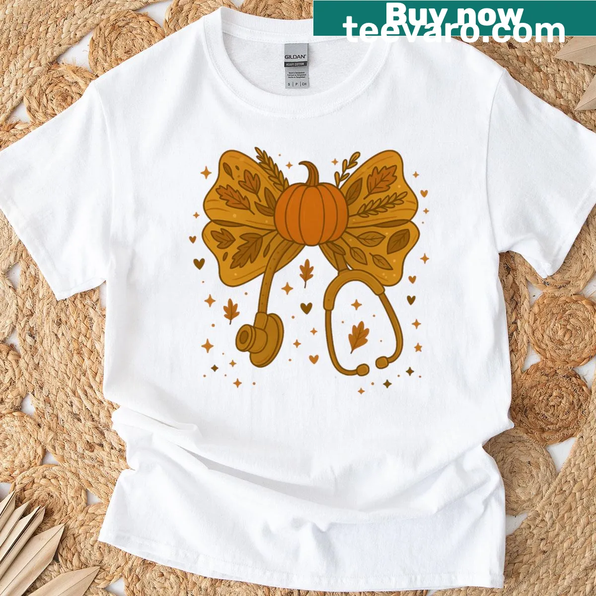 Thanksgiving T-shirt with a stethoscope and pumpkin graphic. — on a men's t-shirt