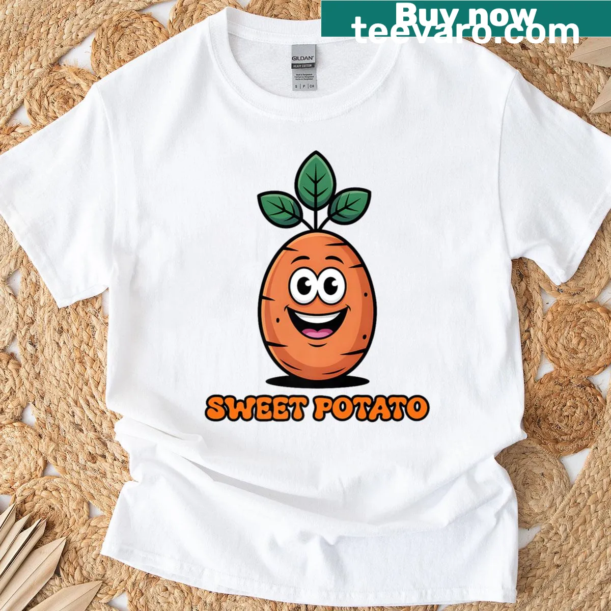 Couples Thanksgiving T-shirt with cartoon sweet potato and rude potato design — on a men's t-shirt