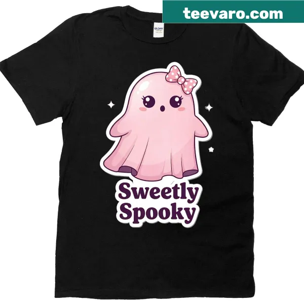 Cute T-shirt with a cartoon pink ghost wearing a bow, perfect for Halloween.