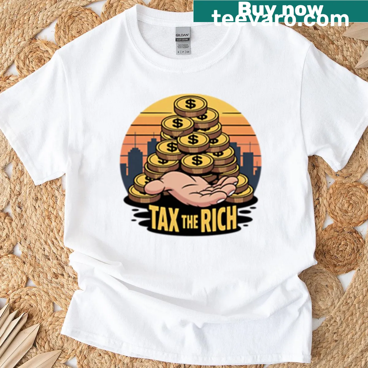 T-shirt with the phrase 'Tax The Rich' prominently displayed — on a men's t-shirt