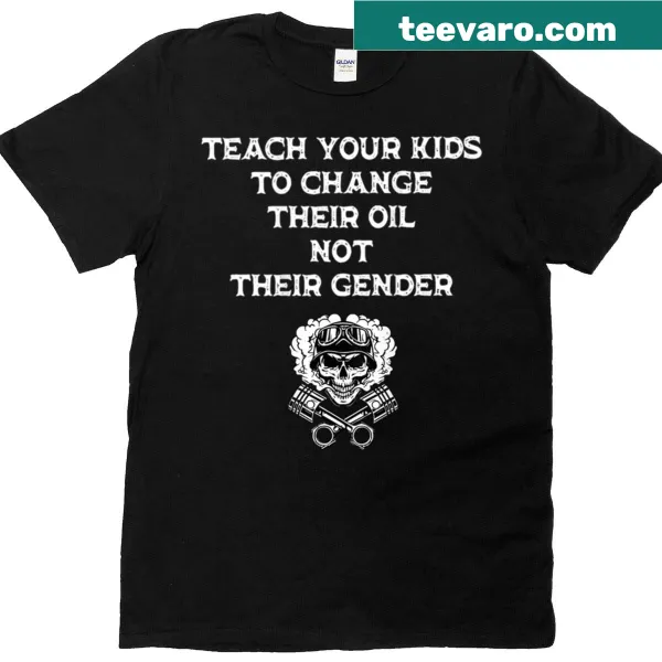 Biker-themed T-shirt with a funny skull graphic and oil change message.