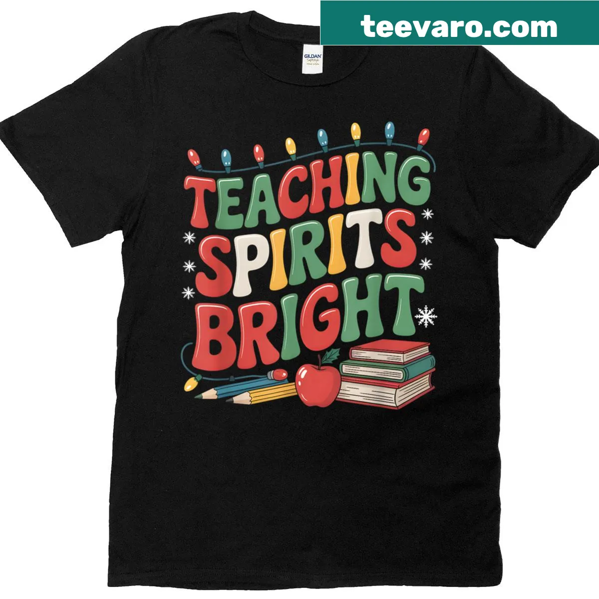 Festive teacher-themed T-shirt with lights and teacher life graphic — on a men's t-shirt