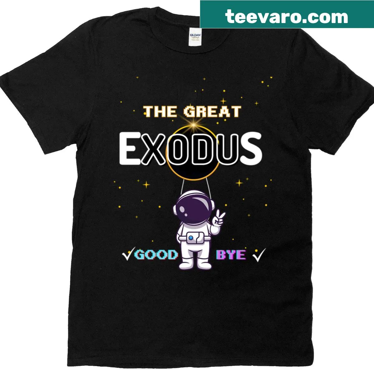 Text design stating 'The Great Exodus Goodbye America' on a T-shirt — on a men's t-shirt
