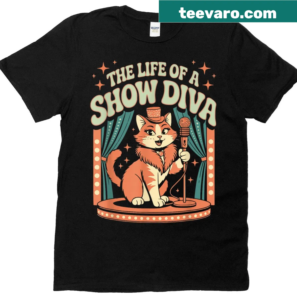 Retro t-shirt featuring a glamorous cat girl character — on a men's t-shirt