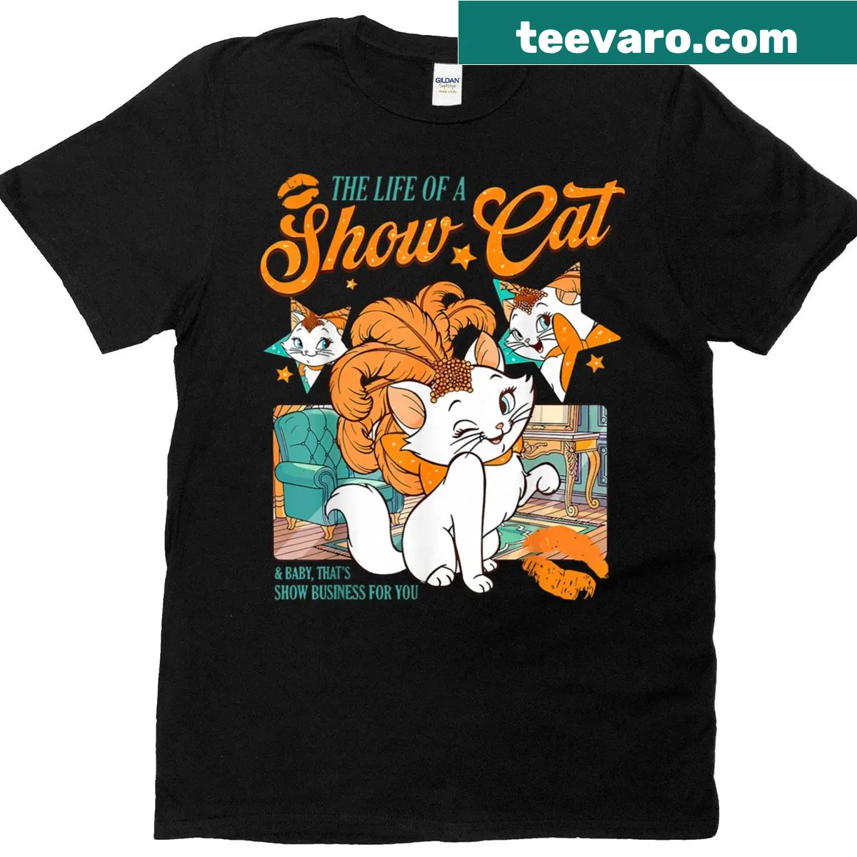 Charming showcat illustration T-shirt celebrating feline life — on a men's t-shirt