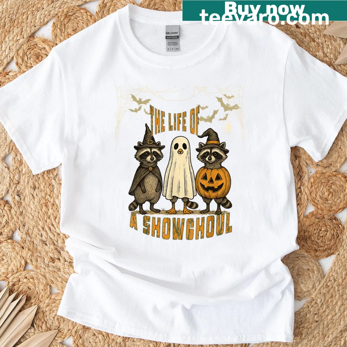 Retro Halloween T-shirt featuring ghosts and a raccoon design — on a men's t-shirt
