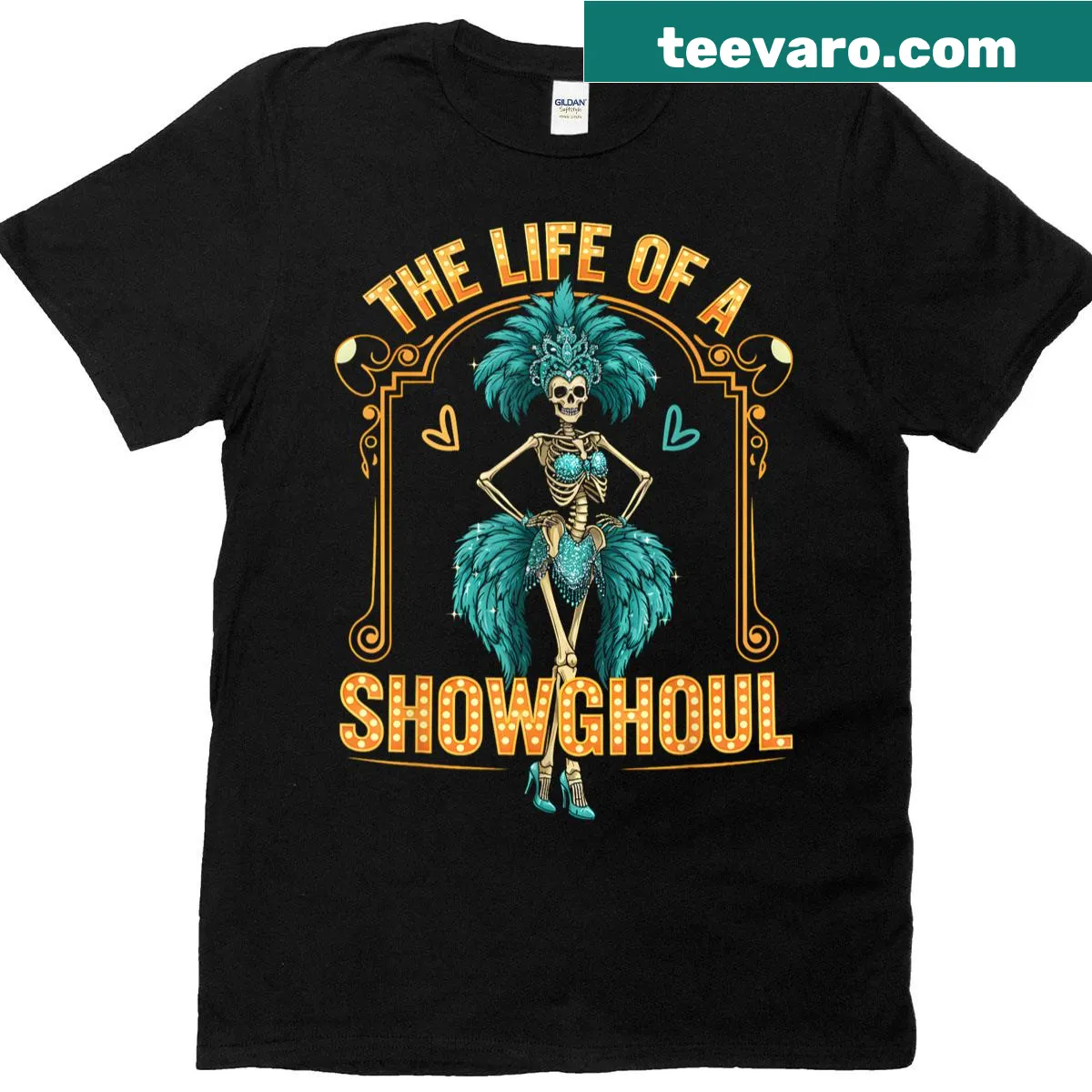 Retro Halloween t-shirt featuring a whimsical skeleton girl illustration — on a men's t-shirt