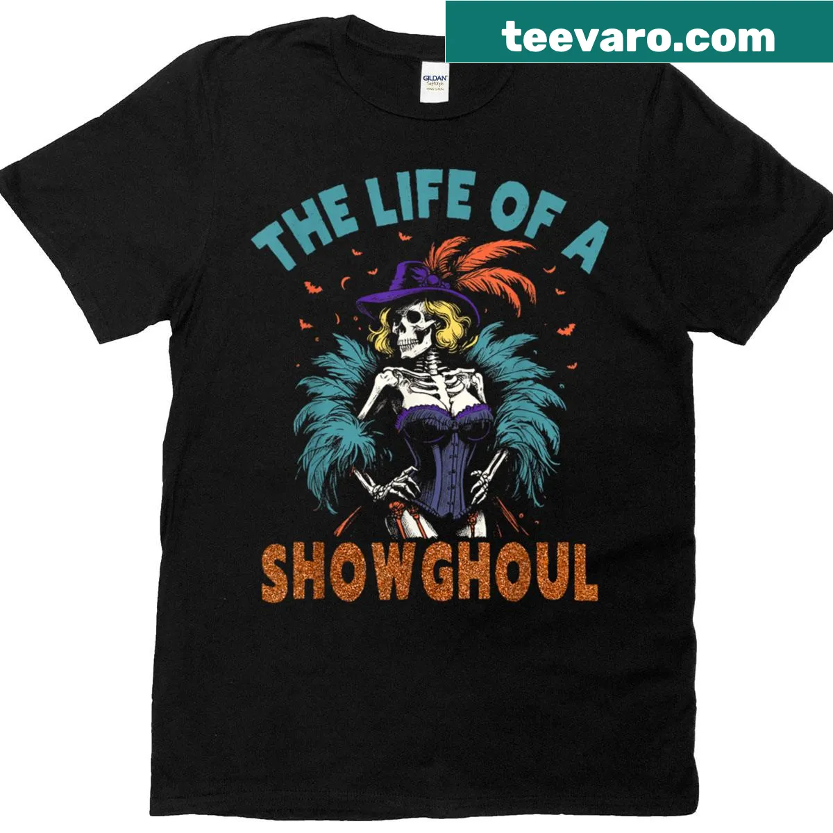 Retro Halloween T-shirt featuring a showgirl skeleton — on a men's t-shirt