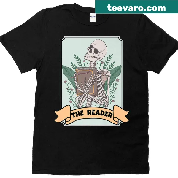 Illustration of a skeleton with books and tarot cards on a t-shirt