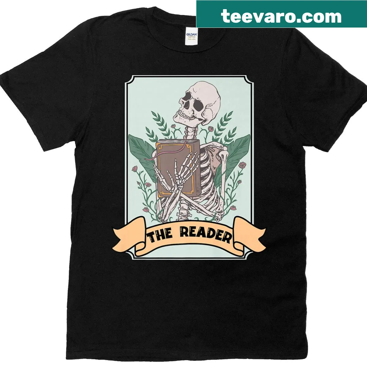 Illustration of a skeleton with books and tarot cards on a t-shirt — on a men's t-shirt