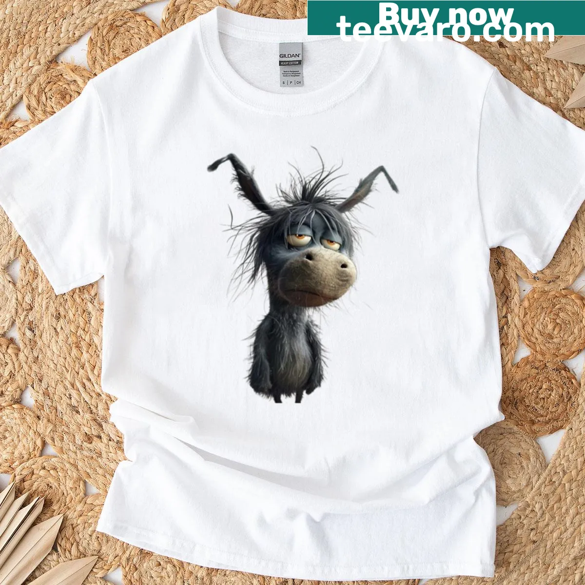 Sarcastic cartoon T-shirt featuring a grumpy donkey design. — on a men's t-shirt