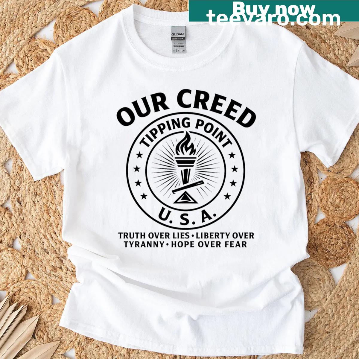 Patriotic T-shirt with 'This Our Creed' and red wave graphic — on a men's t-shirt