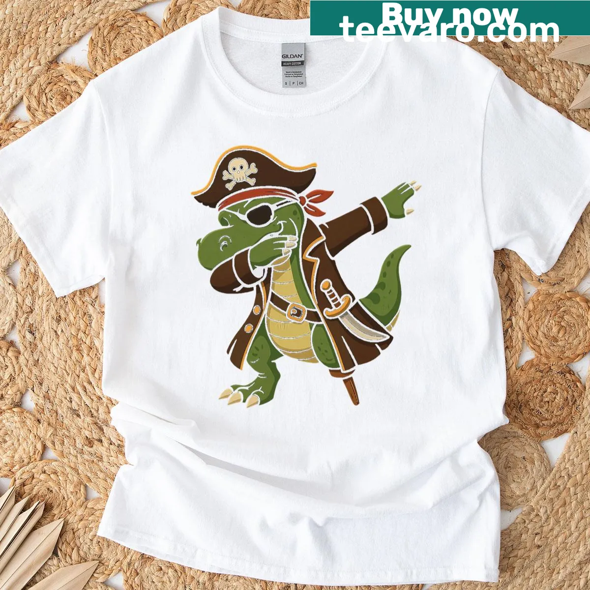 Cartoon T-shirt featuring a dabbing pirate dinosaur in pirate attire — on a men's t-shirt