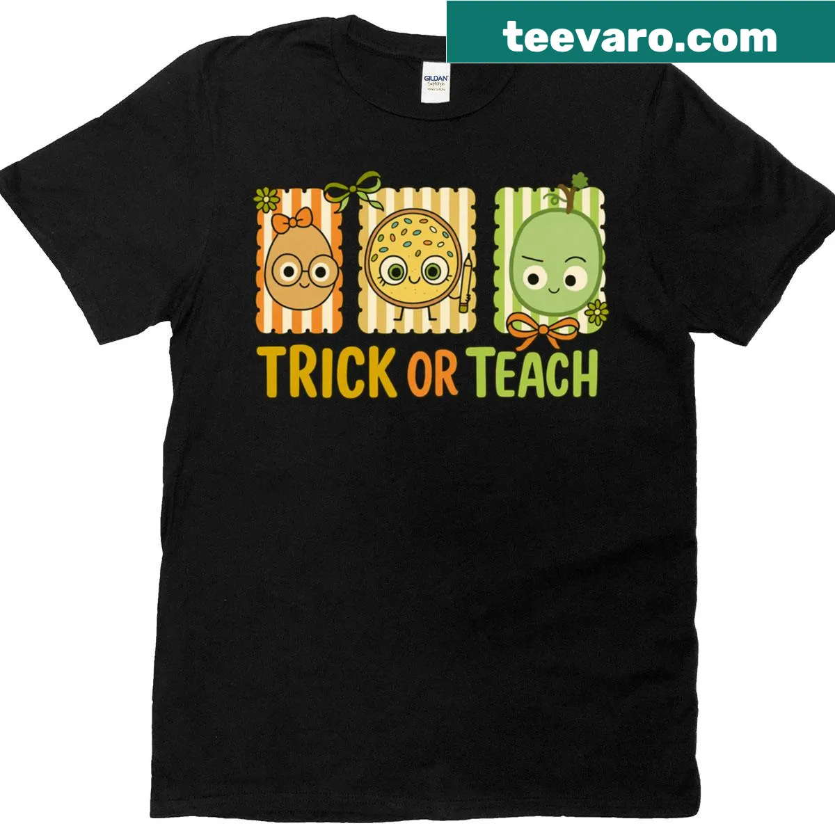Funny Halloween tee with 'Trick Or Teach The Bad Seed' text — on a men's t-shirt