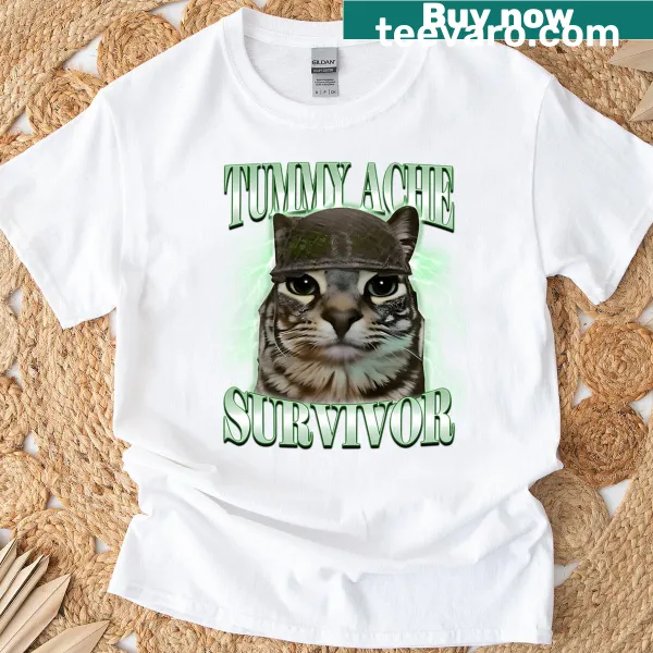 Oversized T-shirt with funny cat meme and tummy ache saying