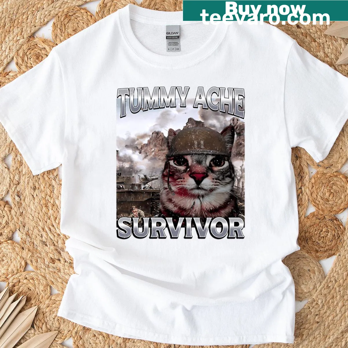 Funny cat meme T-shirt addressing tummy aches — on a men's t-shirt