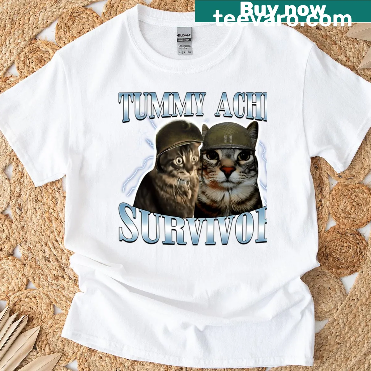 Funny saying T-shirt featuring a cat meme about tummy aches. — on a men's t-shirt