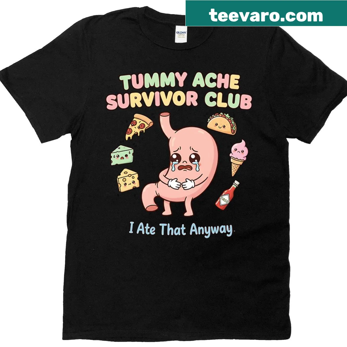Cute t-shirt with text 'Tummy Ache Survivor Club: I Ate That Anyway' for food lovers — on a men's t-shirt